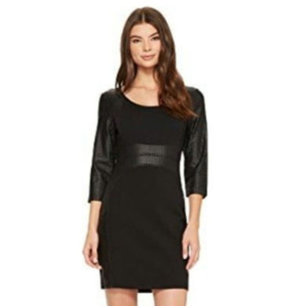 Tart 3/4 Sleeves Scoop Neck Bodycon Mini Dress Black Faux Leather XS